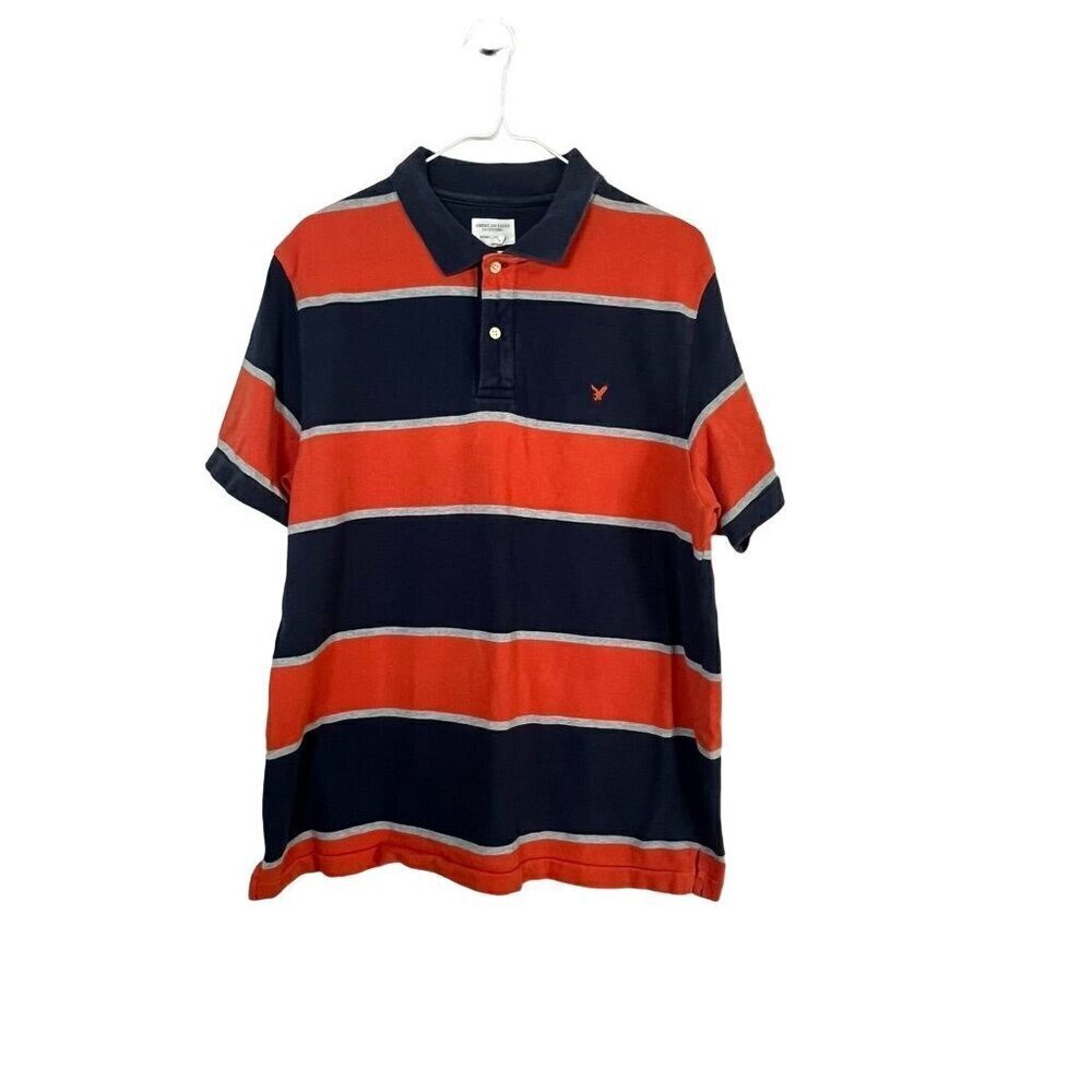 American Eagle Striped‎ Shirt L Orange Y2K Rugby Polo Preppy Y2K Retro Classic